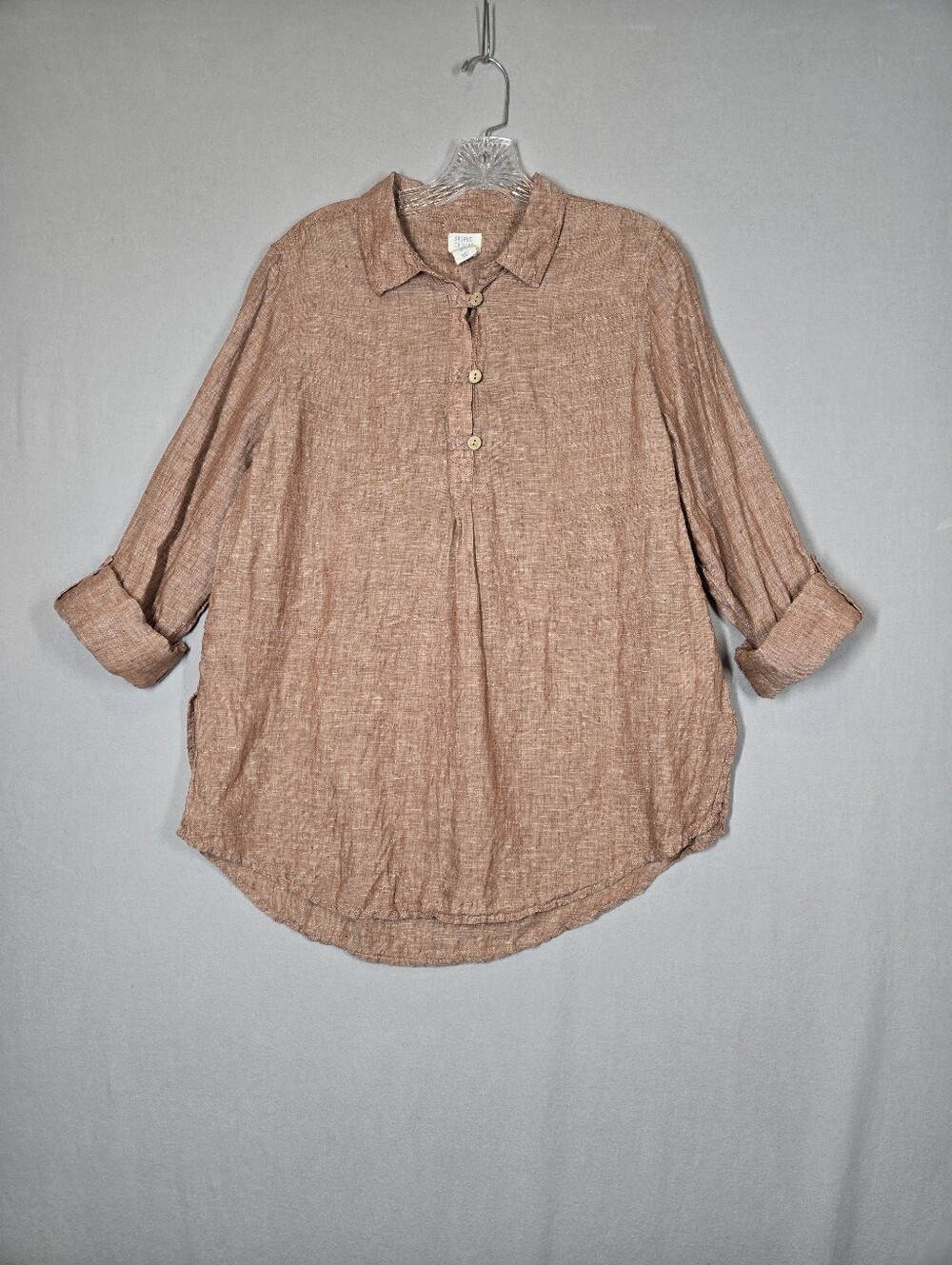 Sigrid Olsen 100% Linen Popover Tunic Top Roll Tab Sleeve Women's L Terracotta